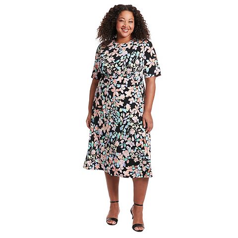 Женские платья London Plus Size London Times Floral Print Elbow Sleeve Inset Waist Midi Dress