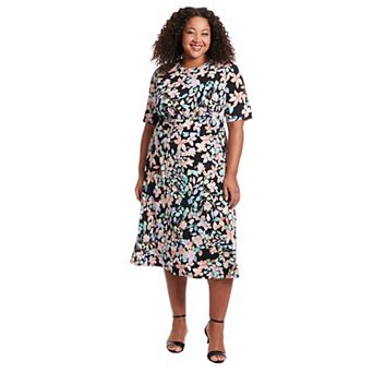 Plus Size London Times Floral Print Elbow Sleeve Inset Waist Midi Dress