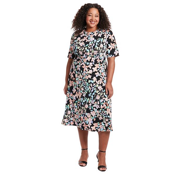 Abito Midi London Times In Crepe Scuba - Maniche Corte Scollo Gioiello - Vestito Donna Fit&Flare