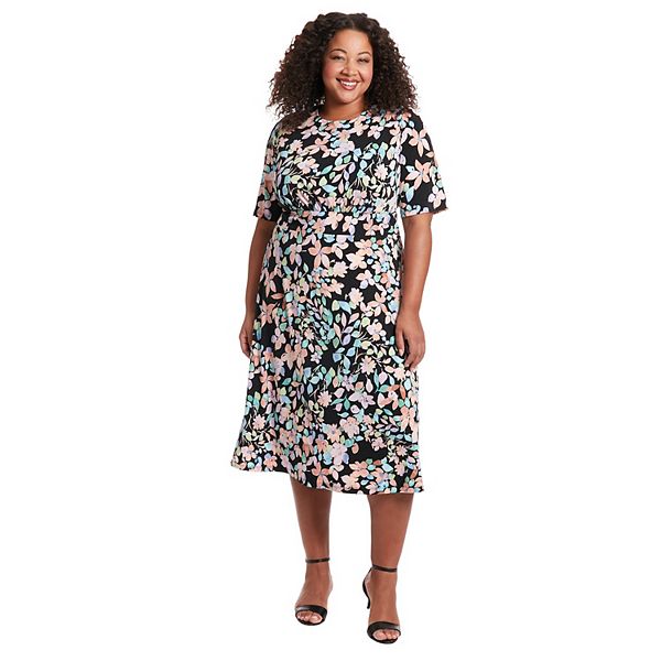 Plus Size London Times Floral Print Elbow Sleeve Inset Waist Midi Dress