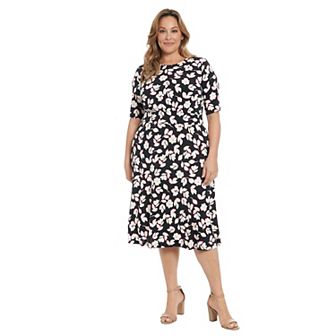 Plus Size London Times Floral Print Elbow Sleeve Inset Waist Midi Dress