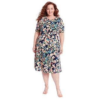 Plus Size London Times Floral Print Elbow Sleeve Inset Waist Midi Dress