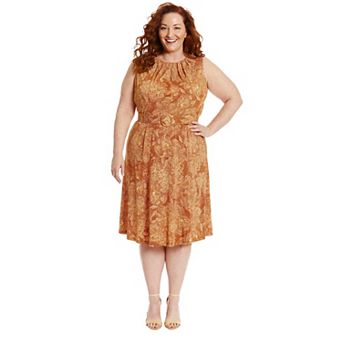 Plus Size London Times Flower Print Keyhole Neckline Belted Midi Dress