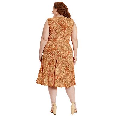 Plus Size London Times Flower Print Keyhole Neckline Belted Midi Dress