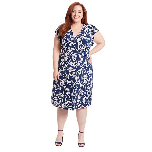 Plus Size London Times Leaf Print Ruffle Sleeve V-Neck Midi Dress