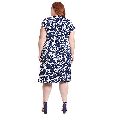 Plus Size London Times Leaf Print Ruffle Sleeve V-Neck Midi Dress