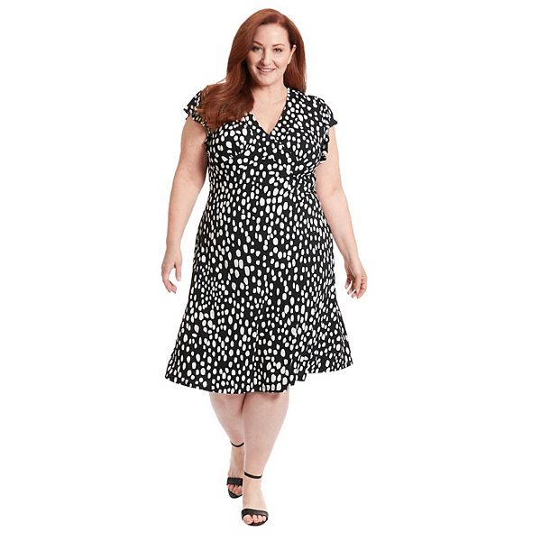 Plus Size London Times Dot Print Ruffle Sleeve V-Neck Midi Dress