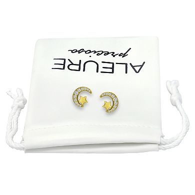 Aleure Precioso Sterling Silver Cubic Zirconia Moon & Star Stud Earrings