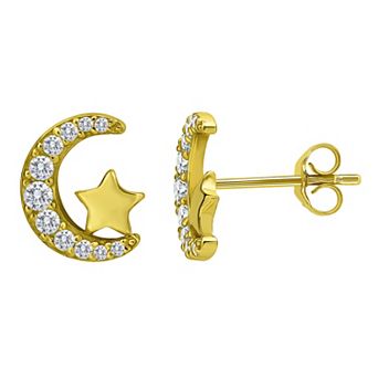 Aleure Precioso Sterling Silver Cubic Zirconia Moon & Star Stud Earrings