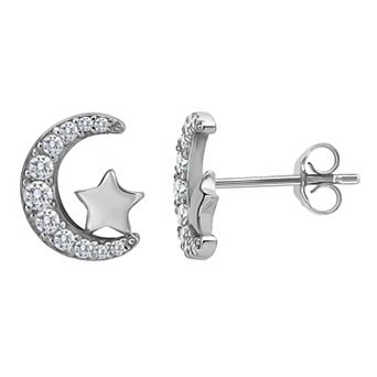 Aleure Precioso Sterling Silver Cubic Zirconia Moon & Star Stud Earrings