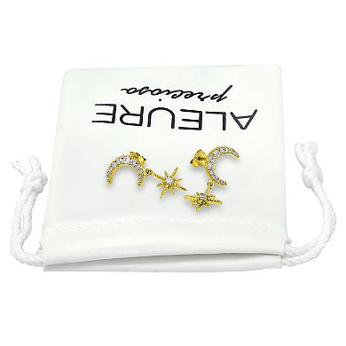 Aleure Precioso Sterling Silver Cubic Zirconia Moon & Starburst Drop Earrings