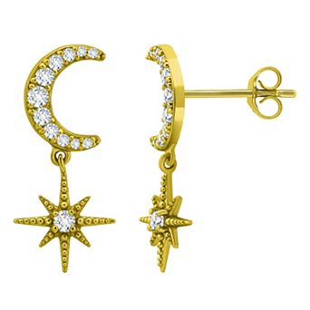Aleure Precioso Sterling Silver Cubic Zirconia Moon & Starburst Drop Earrings