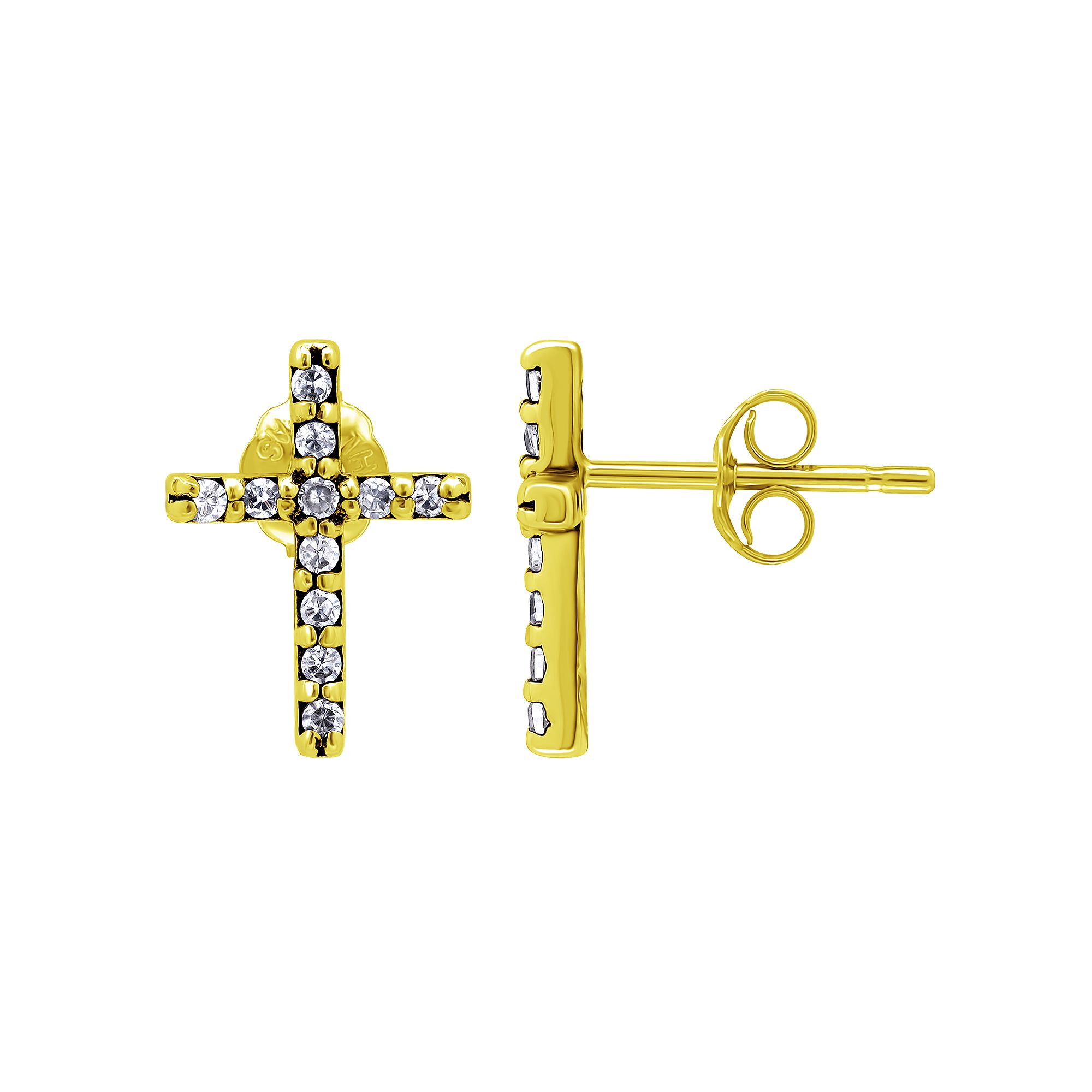 Aleure Precioso 18k Gold Over Silver Cubic Zirconia Pave Cross Stud Post Ea