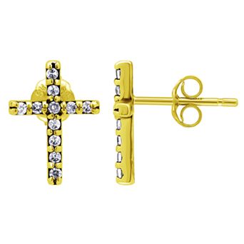 Aleure Precioso 18k Gold Over Silver Cubic Zirconia Pave Cross Stud Post Earrings