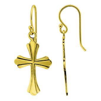 Aleure Precioso 18k Gold Over Silver Polished Cross Drop Earrings