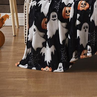 Halloween Pumpkin Ghost Printed Premium Cozy Flannel Throw Blanket