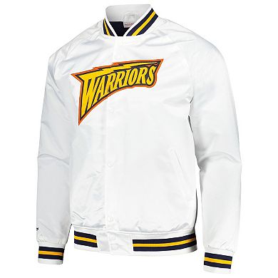 Men's Mitchell & Ness White Golden State Warriors Hardwood Classics Throwback Wordmark Raglan Full-Snap Jacket