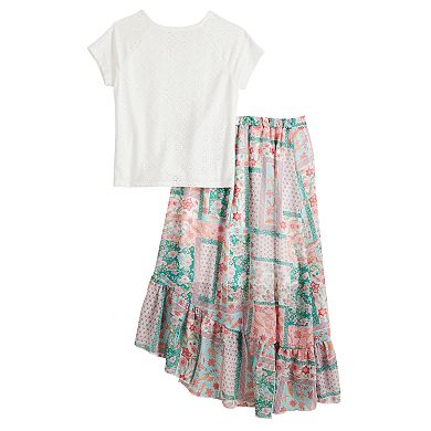 Girls 7-16 Knit Works 2-Piece Short Sleeve Lace Shirred Cinch Top & High-Low Printed Ruffle Skirt Set in Regular & Plus Size