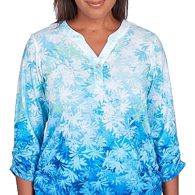Petite Alfred Dunner Ombre Leaves Buttoned Split Neck Top