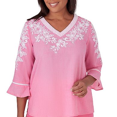 Petite Alfred Dunner V-Neck Embroidered Top