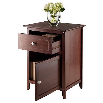 25" Walnut Wood Accent Table with Pull-Out Drawer and Door Cabinet