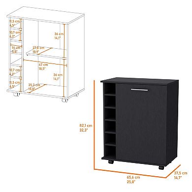 Rawlins Bar Cart With 6-bottle Rack, Storage Cabine And Mobile Caster Wheels