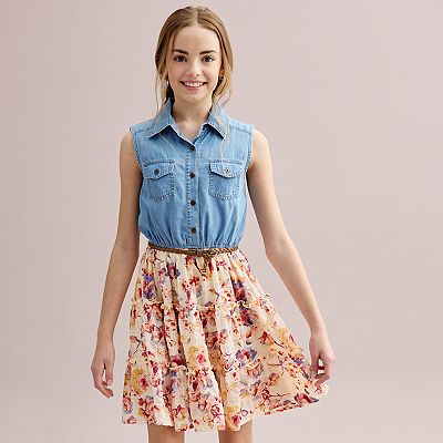 Girls 7-20 Knit Works Sleeveless Denim Shirt Tiered Dress in
