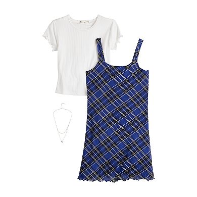 Girls 7-16 Knit Works 3-Piece Power Mesh Slip Dress, Short Sleeve T-Shirt & Necklace Set
