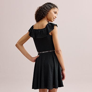 Girls 7-20 Knit Works Ruffle Skater Dress with Necklace & Belt in Regular & Plus Size