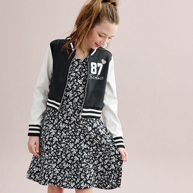 Girls 7 16 Knit Works Cropped Varsity Jacket Skater Dress Set