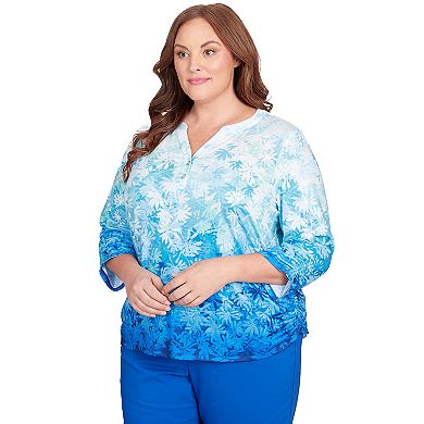 Plus Size Alfred Dunner Ombre Leaves Buttoned Split Neck Top