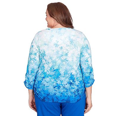 Plus Size Alfred Dunner Ombre Leaves Buttoned Split Neck Top