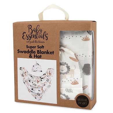 Baby Essentials Super Soft Safari Swaddle Blanket and Hat Set
