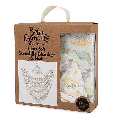 Baby Essentials Super Soft Dinosaur Swaddle Blanket and Hat Set
