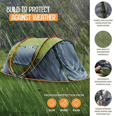 Camping Tent - 4-Person Easy Pop Up Tent with 2 Doors - UPF50+ Waterproof Tent with Carrying Bag