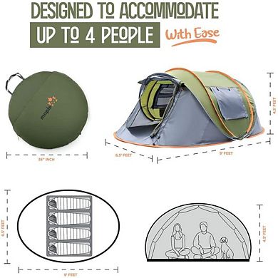 Camping Tent - 4-Person Easy Pop Up Tent with 2 Doors - UPF50+ Waterproof Tent with Carrying Bag