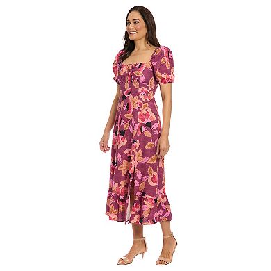 Women's London Times Floral Squareneck Puff Sleeve Empire Waist Midi Dress