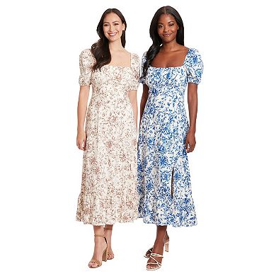 Women's London Times Floral Squareneck Puff Sleeve Empire Waist Midi Dress