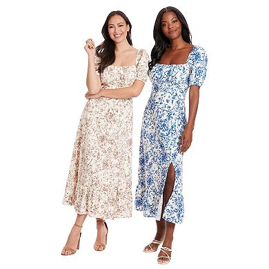 Women's London Times Floral Squareneck Puff Sleeve Empire Waist Midi Dress