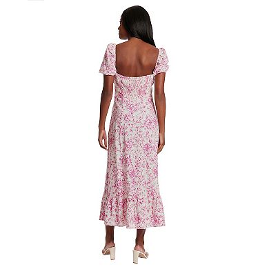 Women's London Times Floral Squareneck Puff Sleeve Empire Waist Midi Dress