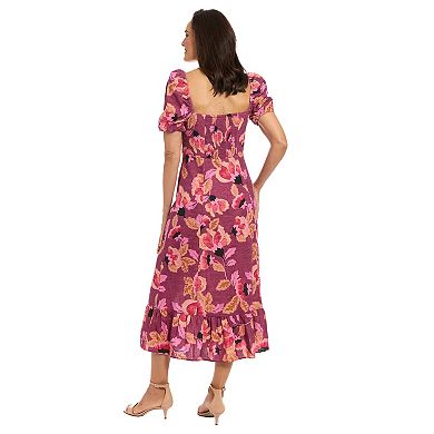 Women's London Times Floral Squareneck Puff Sleeve Empire Waist Midi Dress