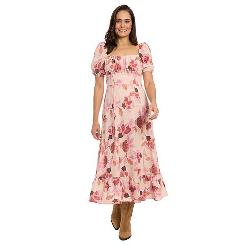 Женские платья London Women's London Times Floral Squareneck Puff Sleeve Empire Waist Midi Dress