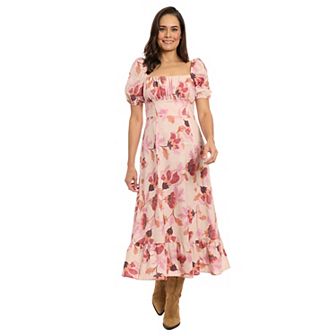 Women's London Times Floral Squareneck Puff Sleeve Empire Waist Midi Dress