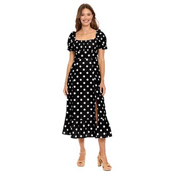 Women's London Times Floral Squareneck Puff Sleeve Empire Waist Midi Dress