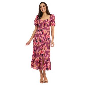 Women's London Times Floral Squareneck Puff Sleeve Empire Waist Midi Dress