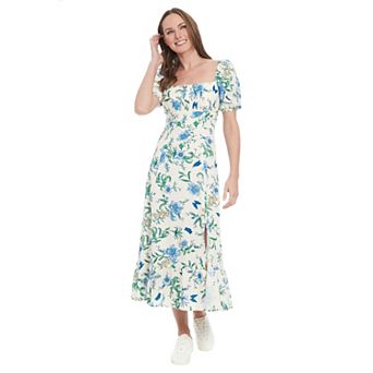Women's London Times Floral Squareneck Puff Sleeve Empire Waist Midi Dress