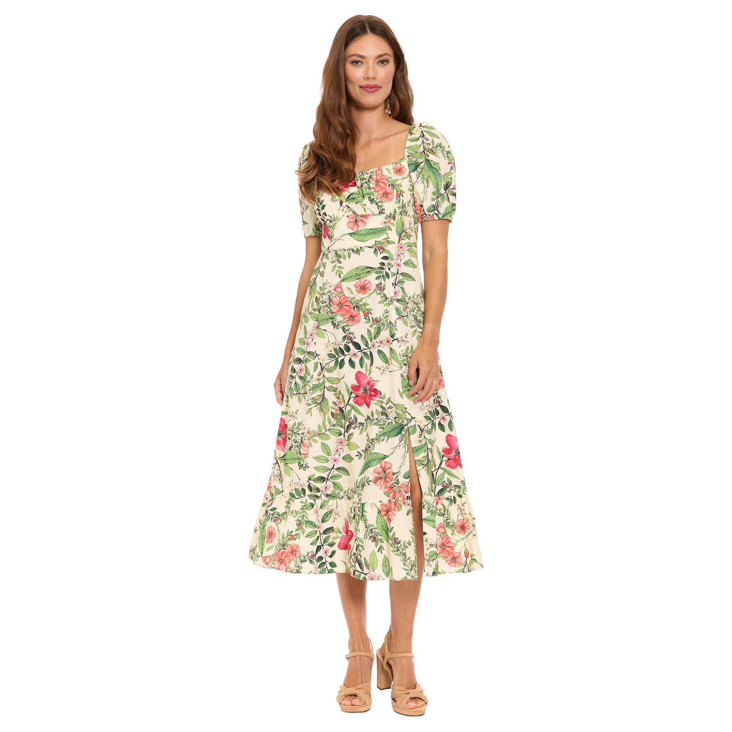 sachin and babi light blue dress Women's London Times Floral Squareneck Puff Sleeve Empire Waist Midi Dress