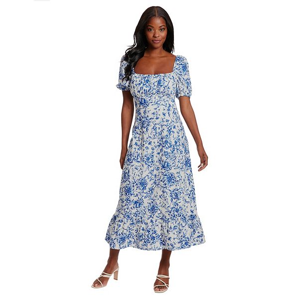 Women's London Times Floral Squareneck Puff Sleeve Empire Waist Midi Dress