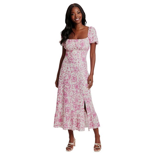 Women's Cream Floral Printed Puff Sleeve Empire Dress with Over Coat