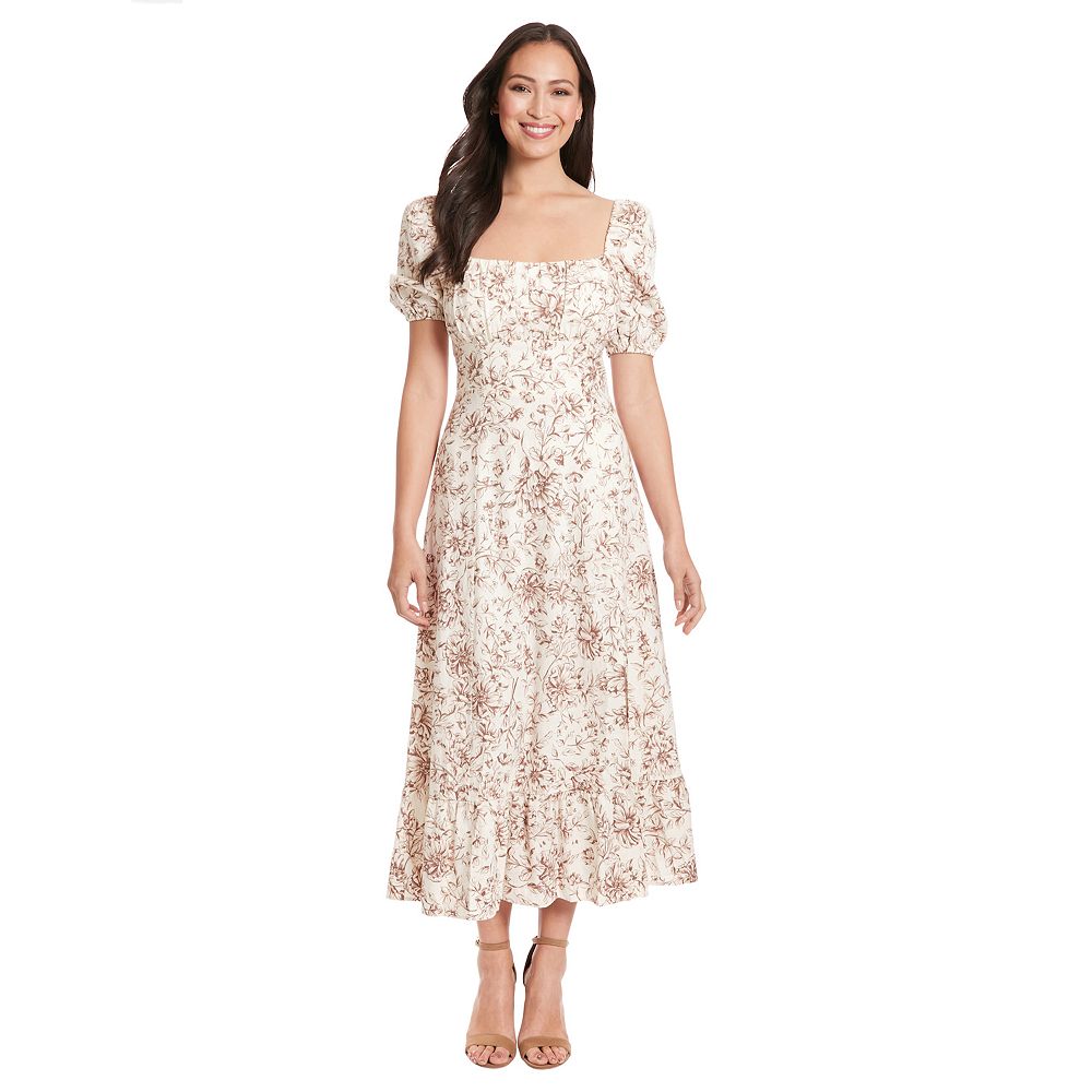 Women's London Times Floral Squareneck Puff Sleeve Empire Waist Midi Dress
